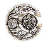 Apsara Peacock Motif Silver Plated Faux Pearls Adorned Adjustable Brass Ring