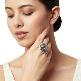 Apsara Peacock Motif Silver Plated Faux Pearls Adorned Adjustable Brass Ring