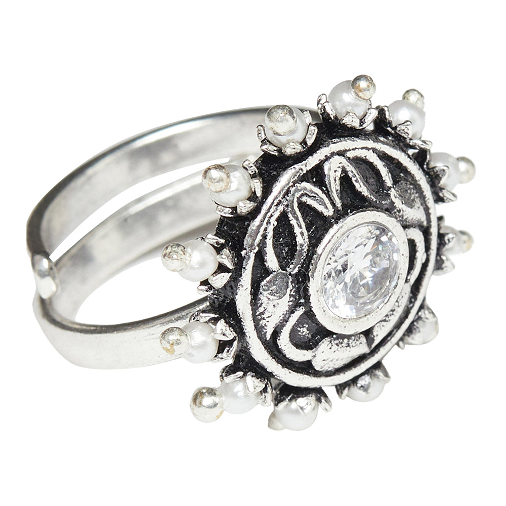 Apsara Oxidised Silver Plated Lightly Embellished Brass Cocktail Ring