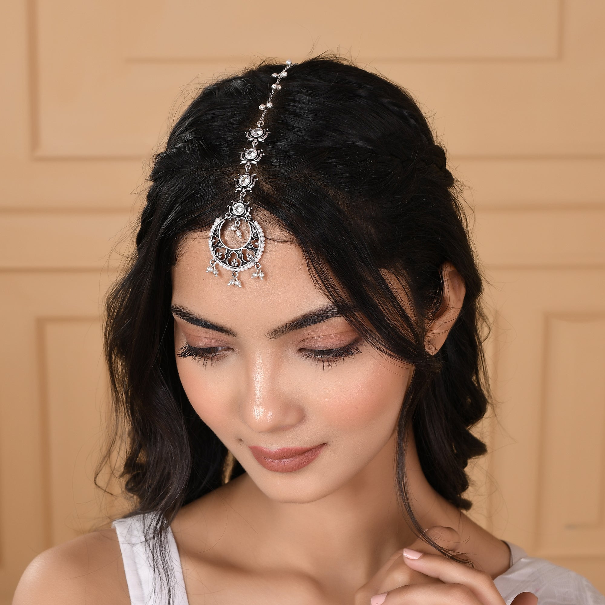 Apsara Faux White Pearls Adorned Silver Plated Brass Maang Tika