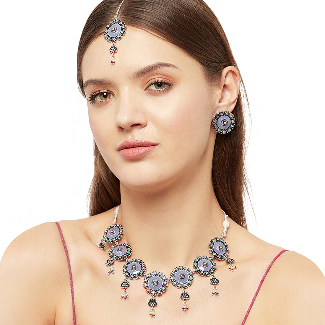 Arabian Nights Floral Motifs Faux Pearls Brass Oxidised Plated Maang Tika Set