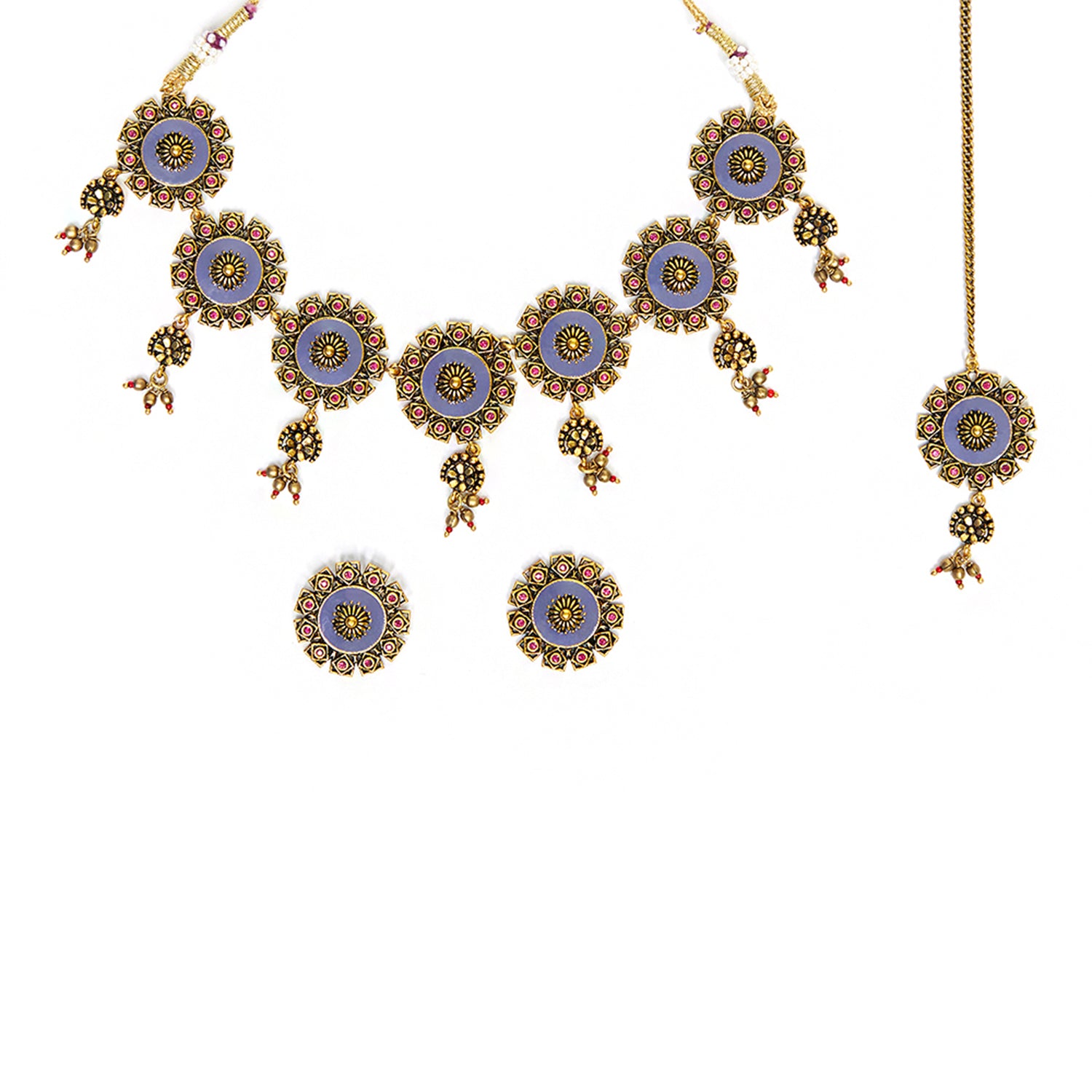 Arabian Nights Blue Enamel Faux Pearls Brass Antique Gold Plated Maang Tika Set