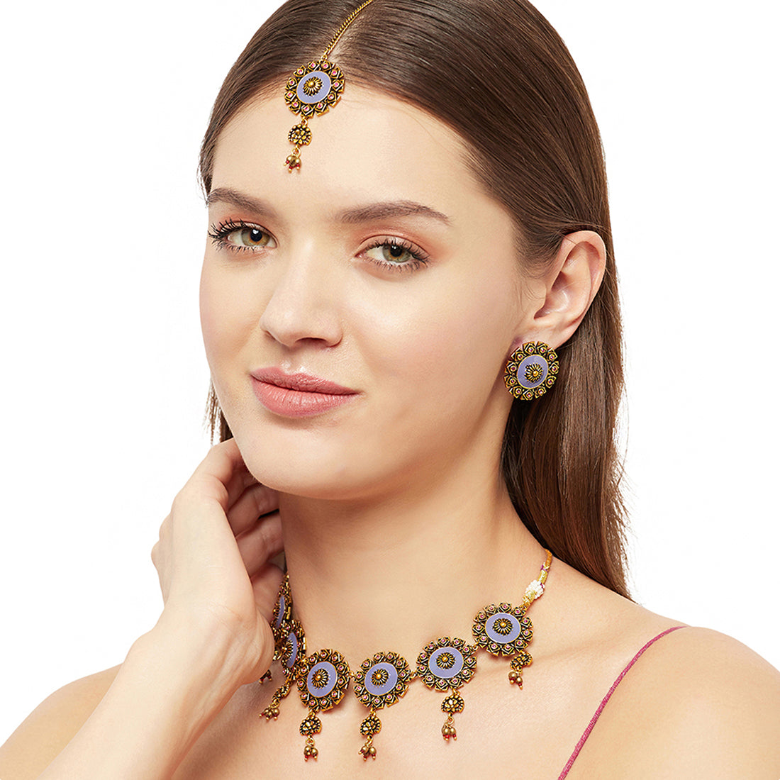 Arabian Nights Blue Enamel Faux Pearls Brass Antique Gold Plated Maang Tika Set