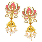 Shwet Kamal Lotus Motif Enamelled Faux Pearls Gold Plated Earrings