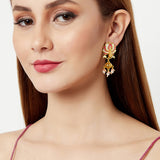 Shwet Kamal Lotus Motif Enamelled Faux Pearls Gold Plated Earrings