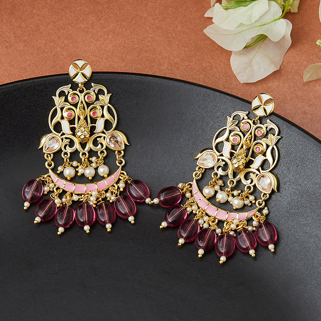 Shwet Kamal Faux Pearls and Kundan Adorned Filigree Gold Plated Drop Earrings