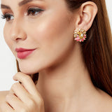 Shwet Kamal Faux Kundan Pink Enamel Peacock Motif Gold Plated Stud Earrings