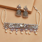 Filigree Design Silver Toned Round Faux Pearls Jewellery Set