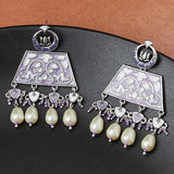Shwet Kamal Silver Plated Enamelled Faux Pearls Embellished Drop Earrings