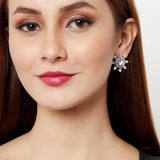 Shwet Kamal Floral Motif Faux Pearls Adorned Silver Toned Stud Earrings