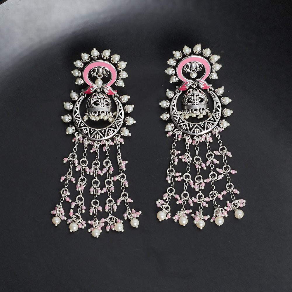 Zircons Adorned Pink Enamelled Silver Plated Drop Earrings