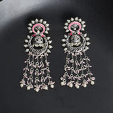 Zircons Adorned Pink Enamelled Silver Plated Drop Earrings