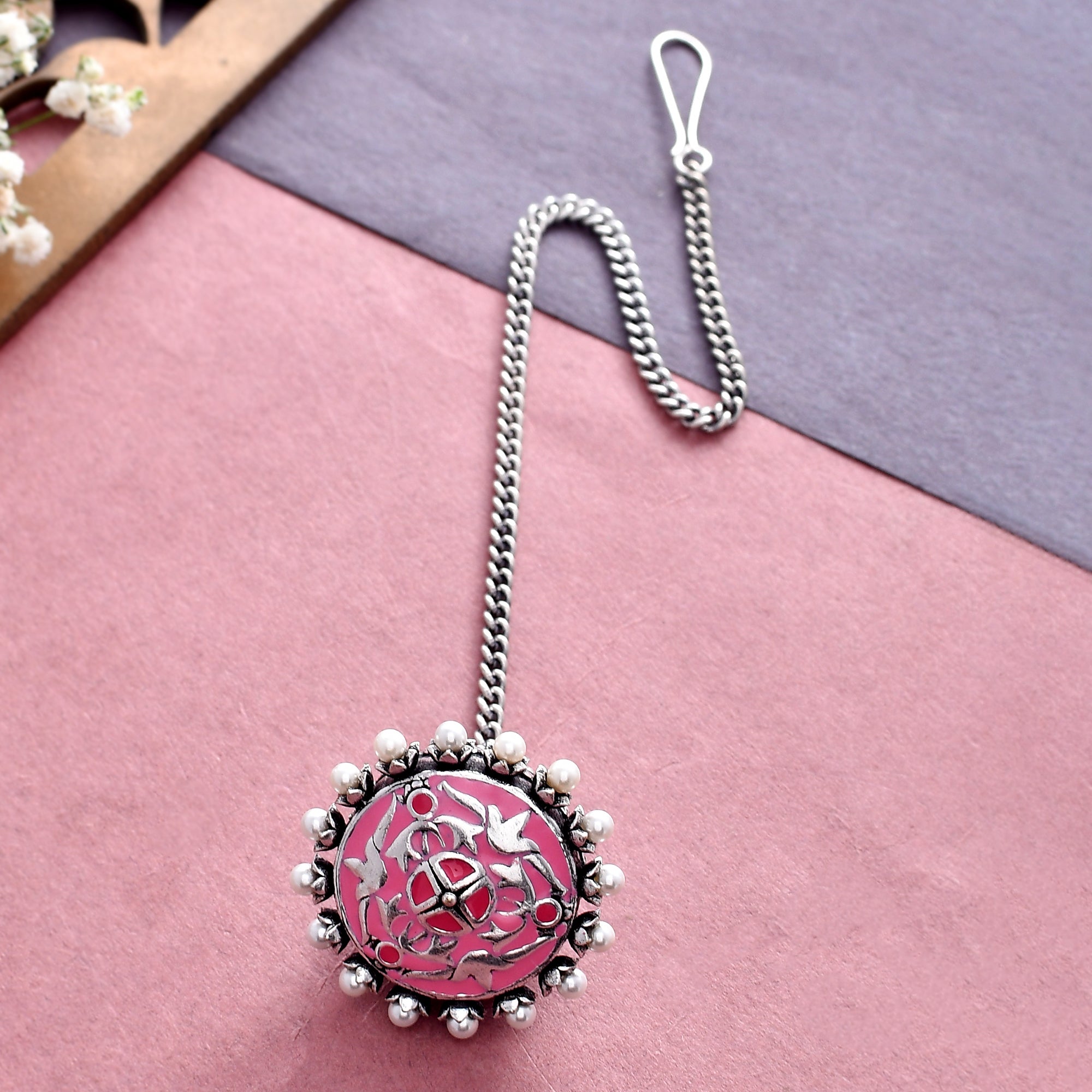 Shwet Kamal Pink Enamel Faux Pearls Adorned Silver Plated Maang Tika