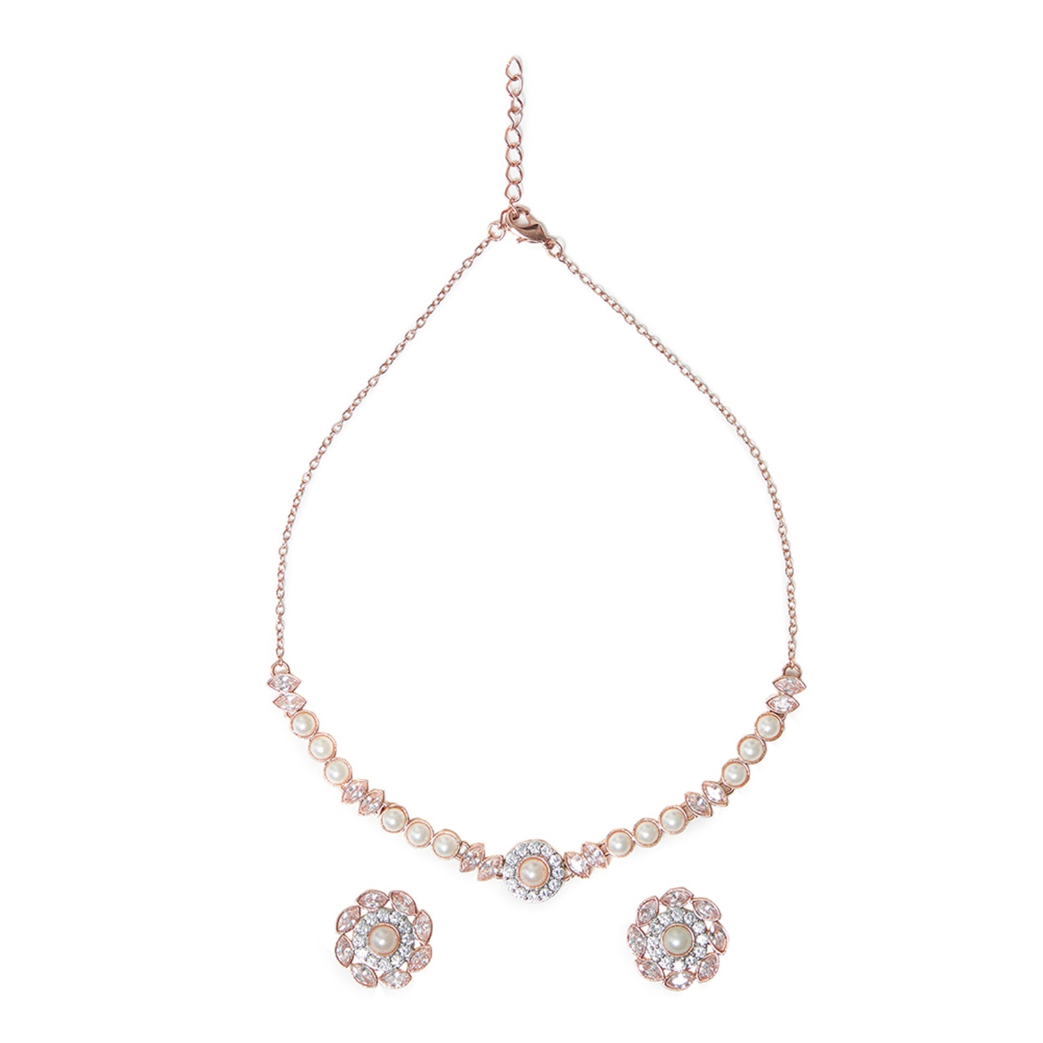 Pearly White Splendid Necklace Set in Rose Gold Tone