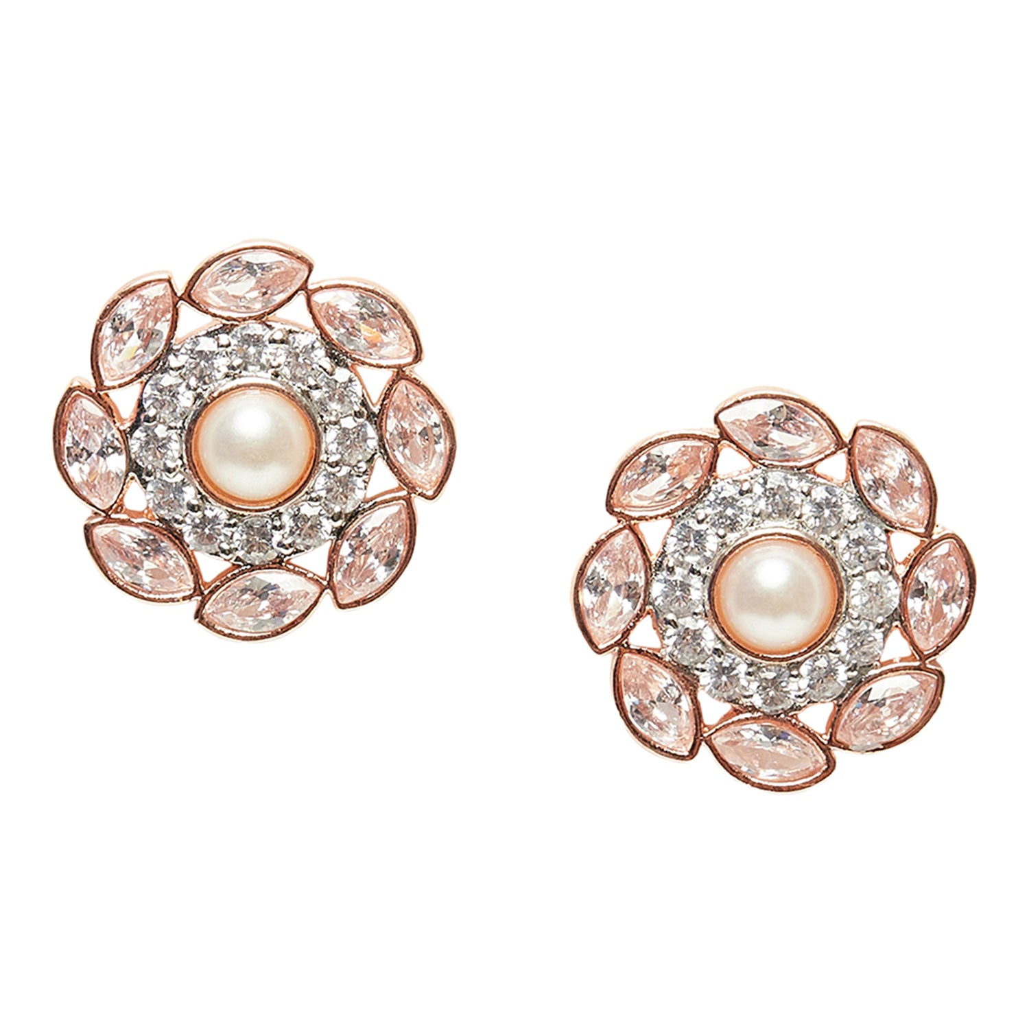 Pearly Whites Rose Gold Toned Floral Motif Earrings