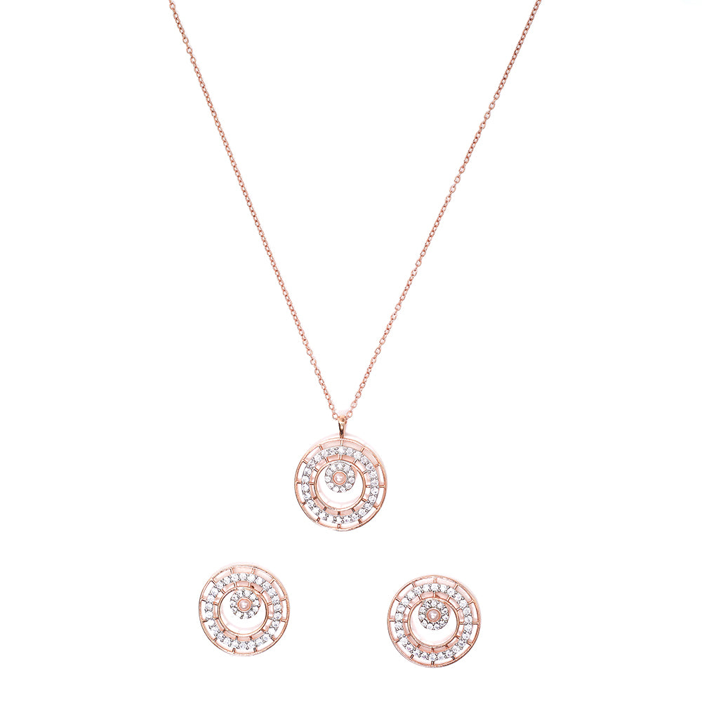 Circles White Faux Pearls and Zircons Rose Gold Plated Brass Pendant Set