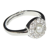Ajustable Silver Plated Faux Pearl and CZ Adorned Women's Ring
