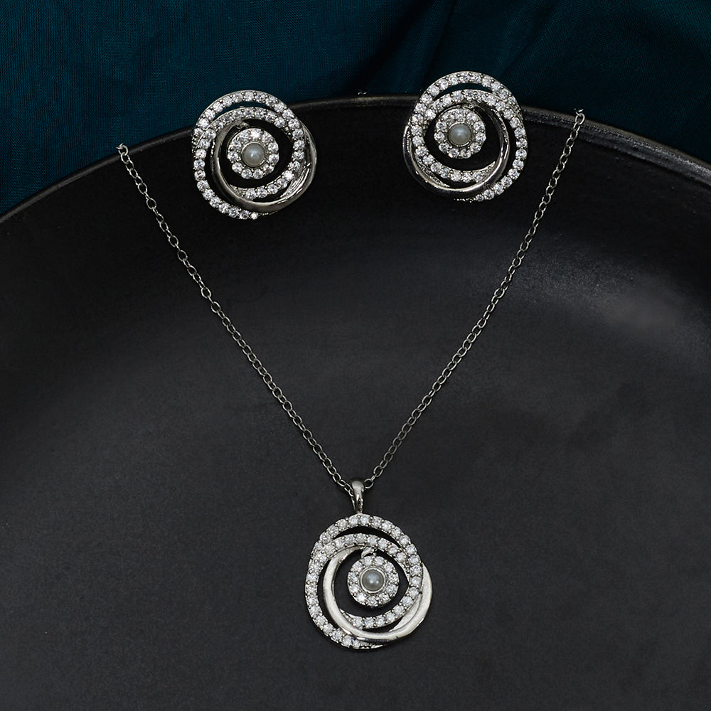 Edgy Faux Pearls and CZ Adorned Brass Silver Plated Pendant Set