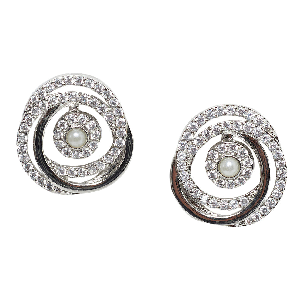 Sqaure Cut CZ and Faux Pearls Brass Silver Plated Earrings