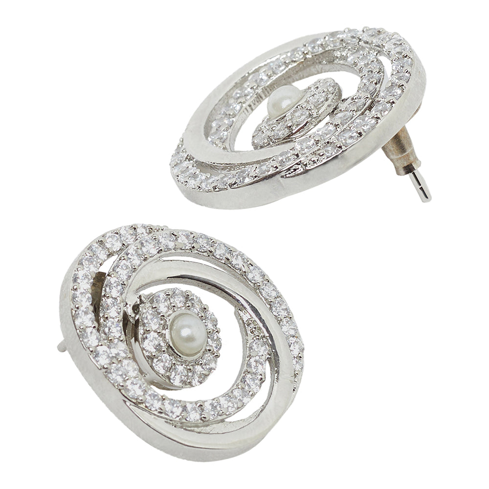 Sqaure Cut CZ and Faux Pearls Brass Silver Plated Earrings