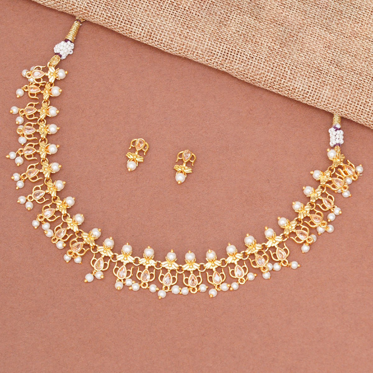 Apsara Floral Motifs Pearls Jewellery Set