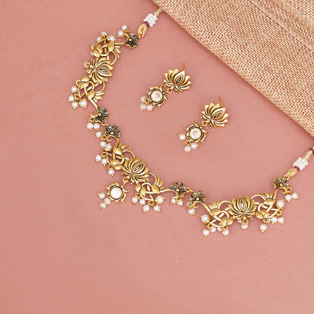 Apsara Lotus Motif Filigree Gold Plated Brass Jewellery Set – VOYLLA