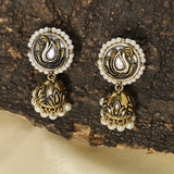 Apsara Antique Inspired Peacock Motif Brass Gold Plated Jhumka Earrings