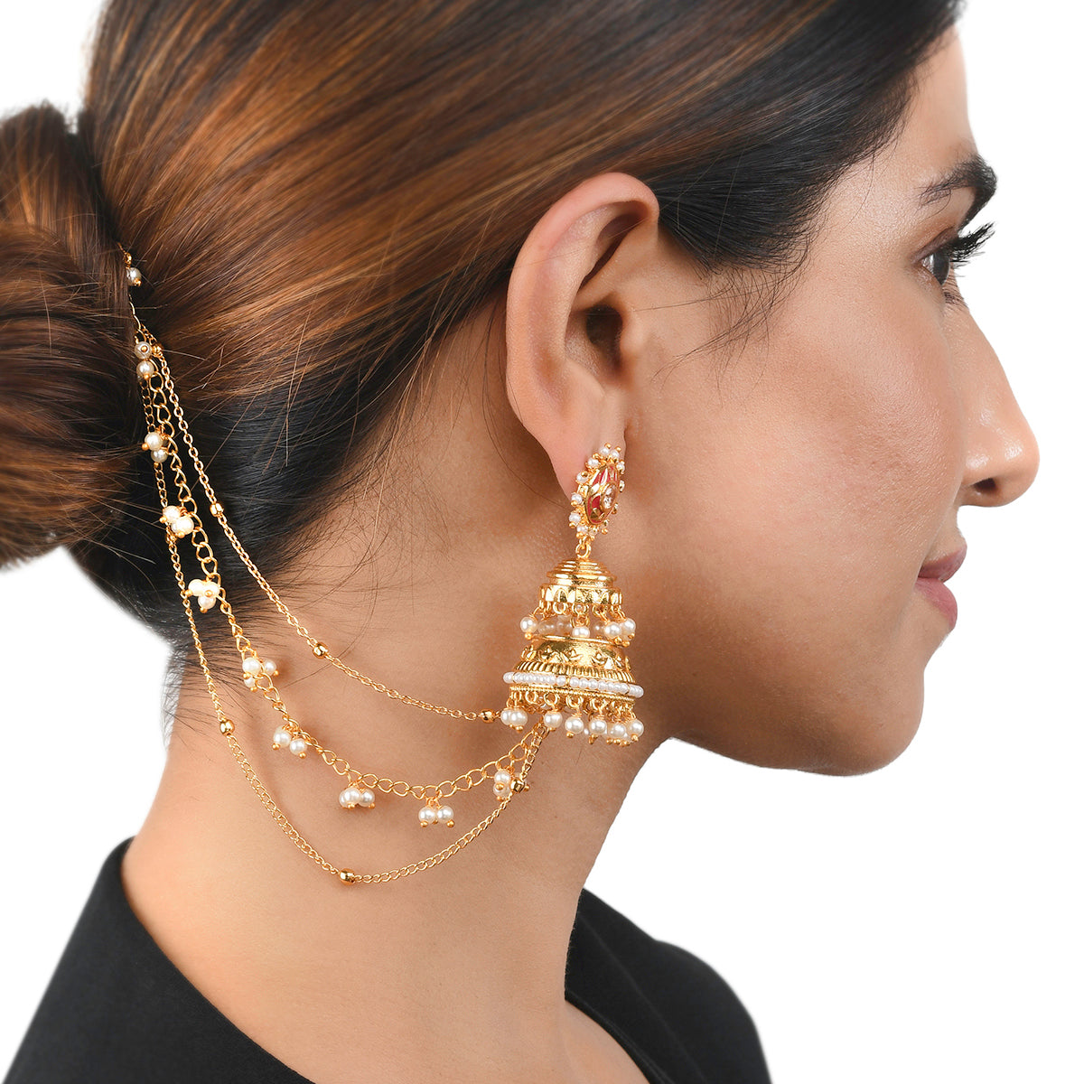 Kundan Pearl Flower Jhumka with Ear Chain – Titli Design