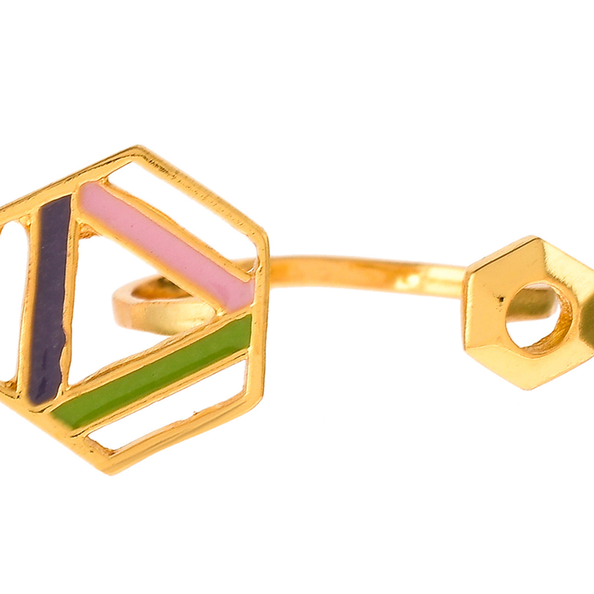 Benzene Gold Hexagon Enamelled Open Ring