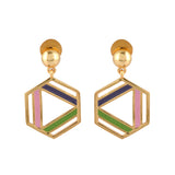 Benzene Gold Enamelled Hexagon Drop Earrings