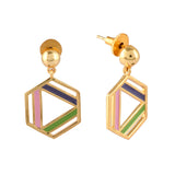 Benzene Gold Enamelled Hexagon Drop Earrings