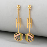 Benzene Gold Hexagon Pattern Drop Earrings