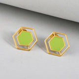 Benzene Gold Green Enamel Hexagon Stud Earrings