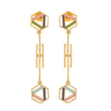 Benzene Gold Geometric Enamelled Long Drop Earrings