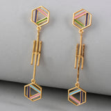 Benzene Gold Geometric Enamelled Long Drop Earrings