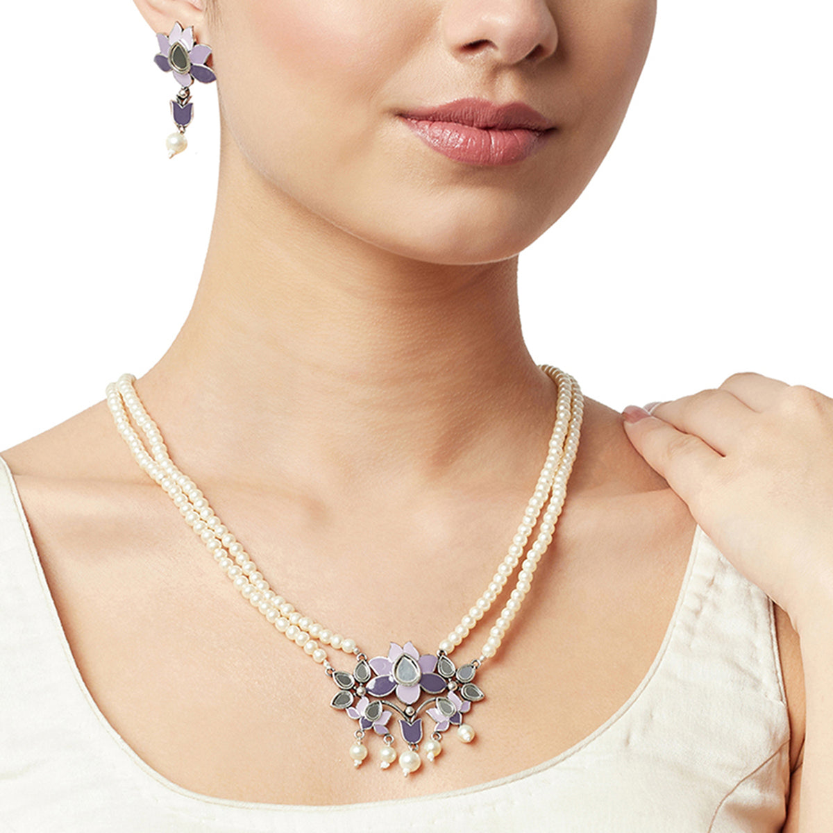 Festive Hues Blue Enamel Mirror Detail Faux Pearls Adorned Silver