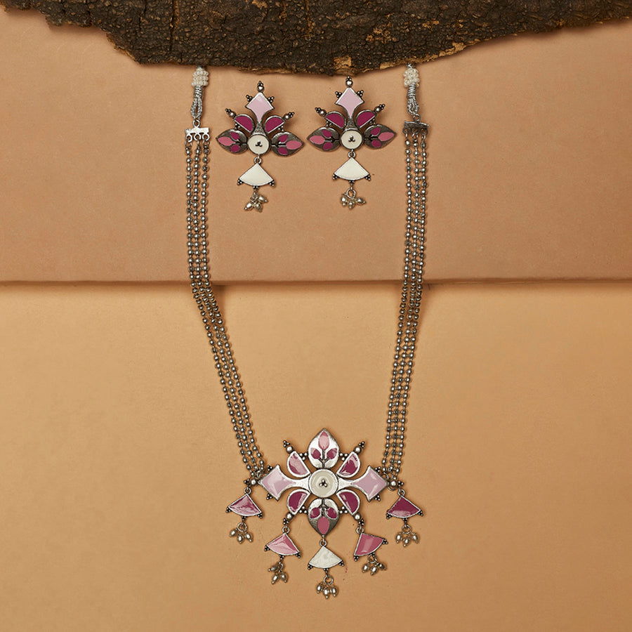 Festive Hues Pink Enamelled Beaded Silver Toned Jewellery Set