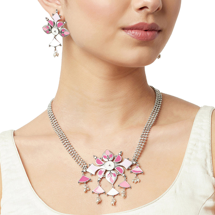 Festive Hues Pink Enamelled Beaded Silver Toned Jewellery Set