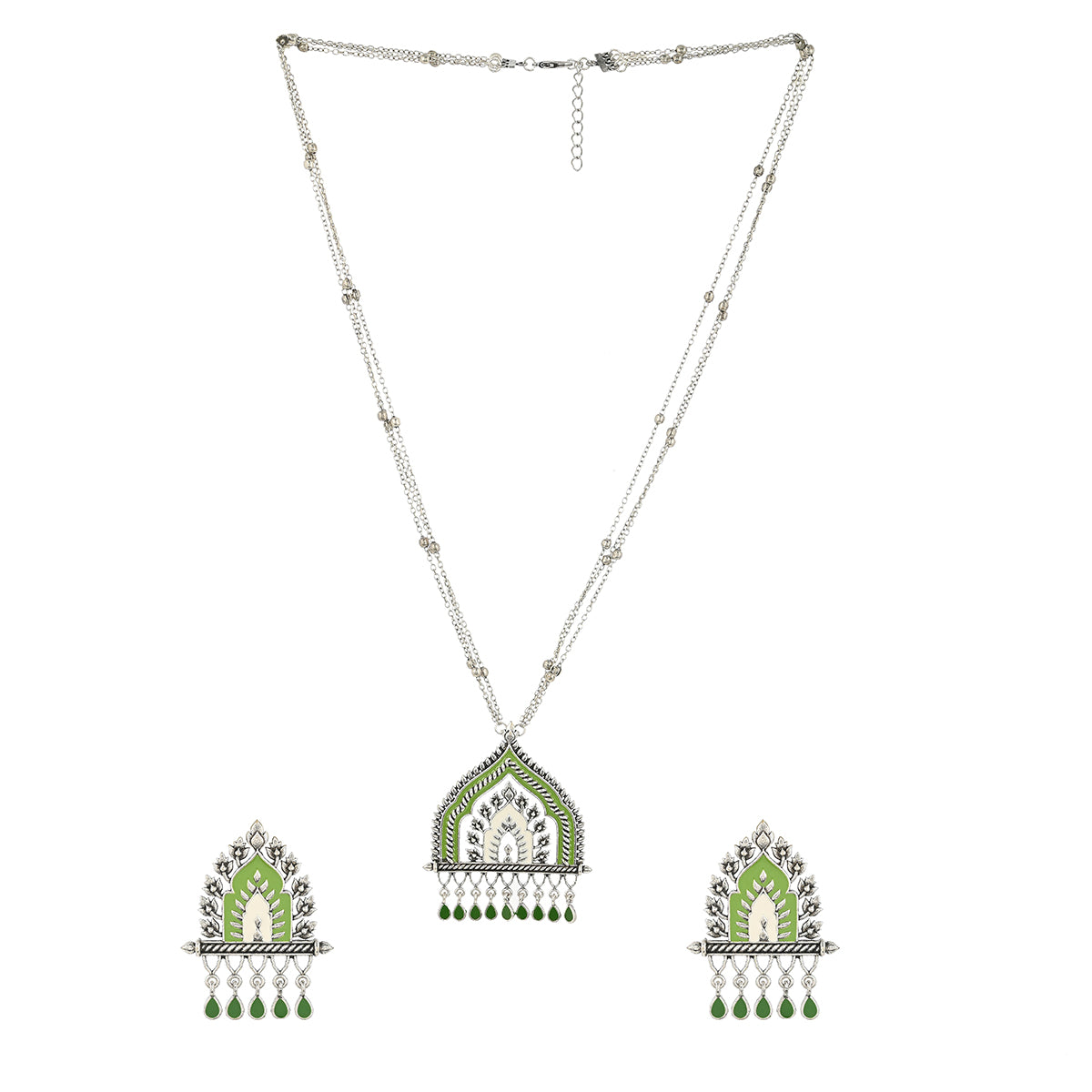 Festive Hues Green Gems Adorned Enamelled Silver Plated Jewellery Set