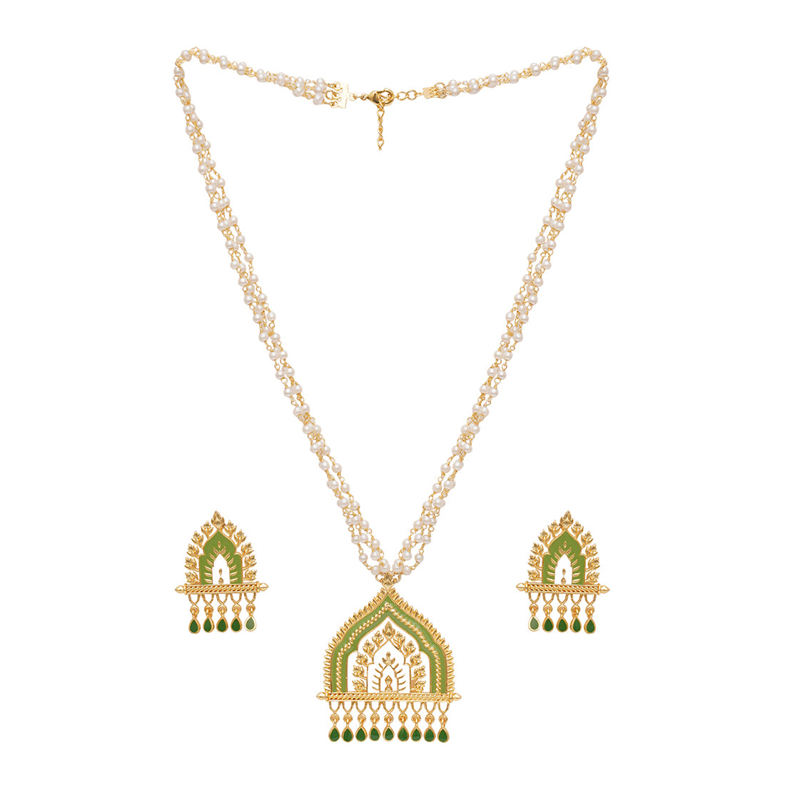 Festive Hues Pearls and Zircons Adorned Gold Plated Jewellery Set