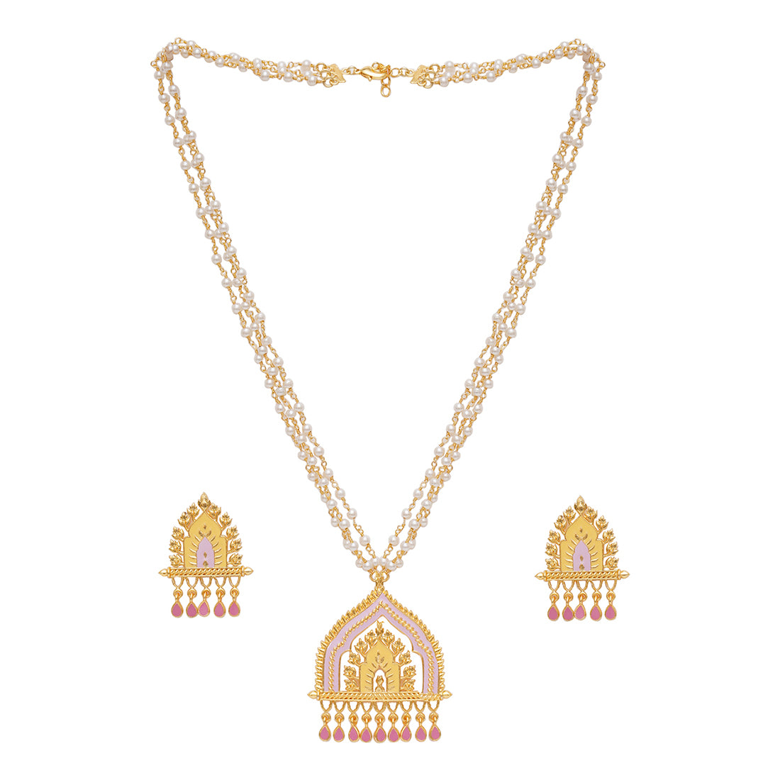 Festive Hues Ethnic Enamelled Faux Pearls Gold Toned Jewellery Set