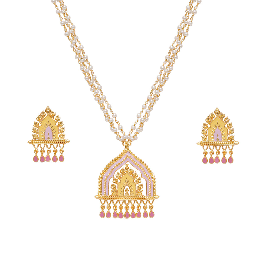 Festive Hues Ethnic Enamelled Faux Pearls Gold Toned Jewellery Set