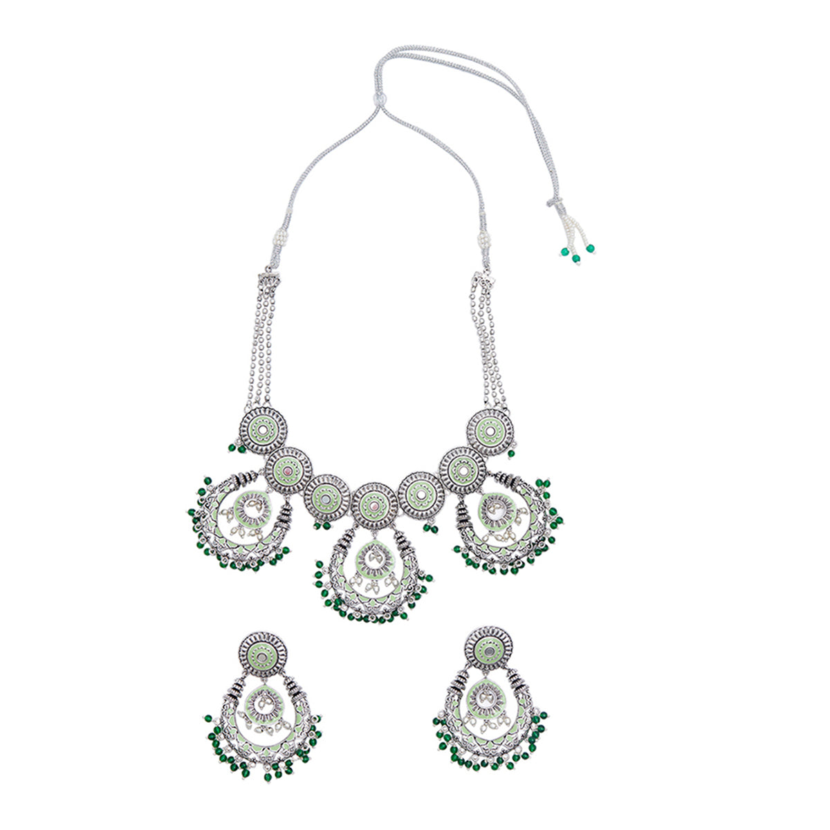 Festive Hues Green Enamel Faux Pearls Adorned Silver Plated Jewellery Set