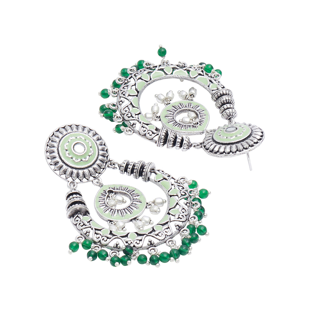 Festive Hues Green Enamel Faux Pearls Adorned Silver Plated Jewellery Set