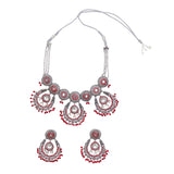 Festive Hues Enamelled Faux Pearls Adorned Silver Oxidised Jewellery Set