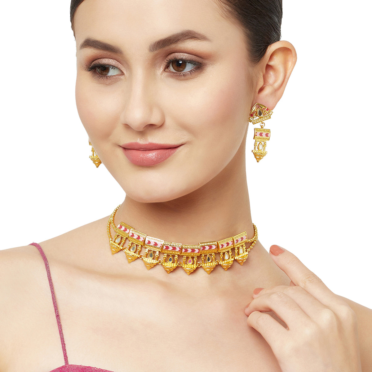 Festive Hues Dye Gold Temple Designed Jewellery Set