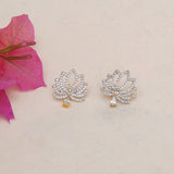 Sparkling Elegance Lotus Motif Silver Plated Faux Pearls and Zircons Earrings