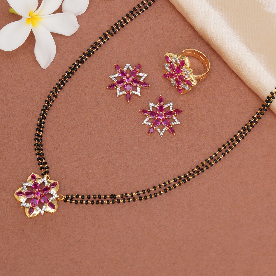 Sparkling Pink CZ Studded Floral Motif Mangalsutra Set – VOYLLA