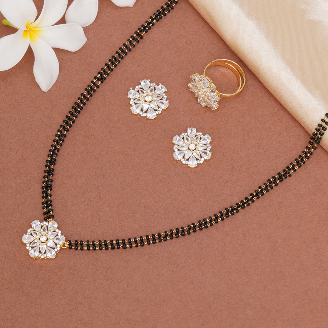 Black & Gold-Toned Cubic Zirconia Studded Mangalsutra, Earrings and Ring Set