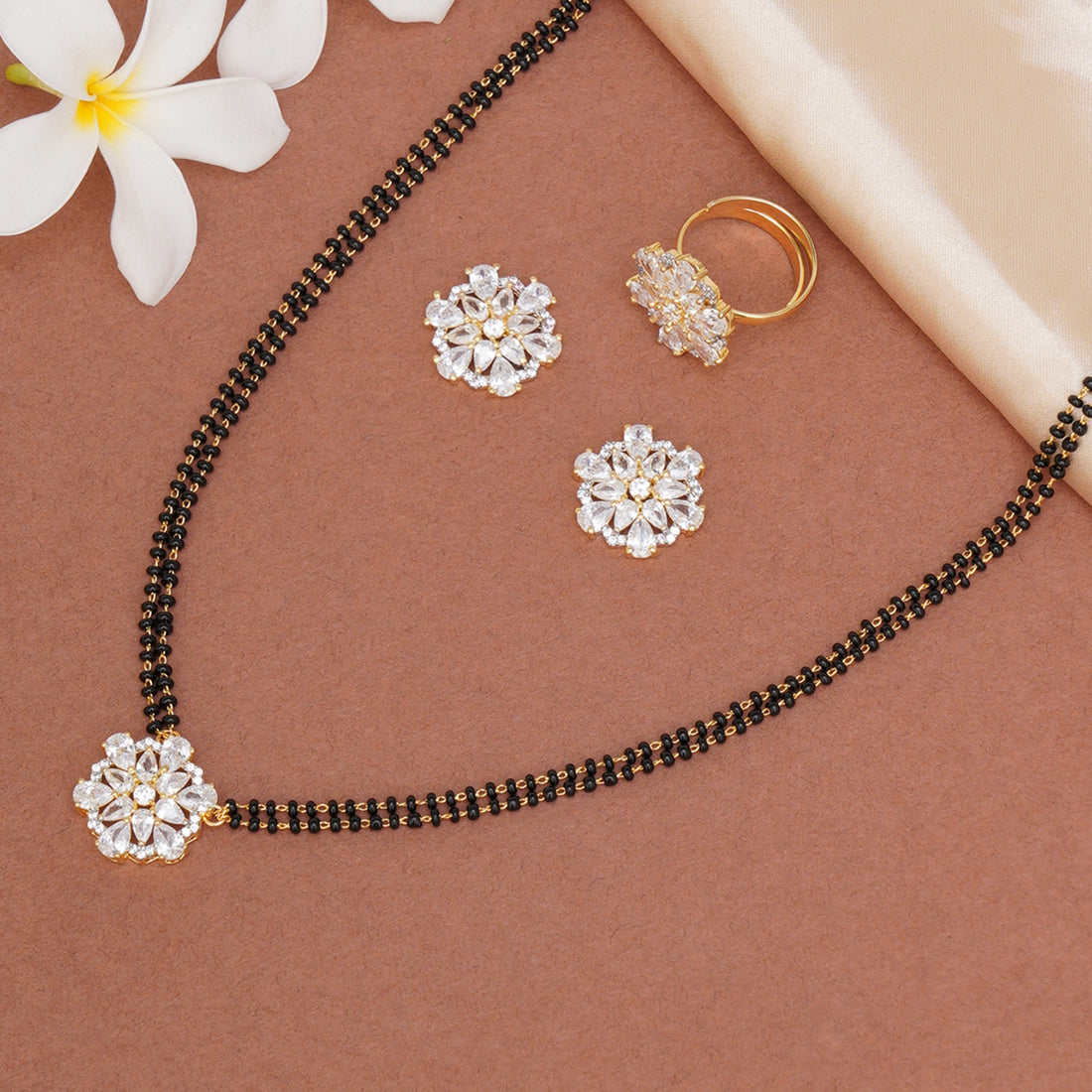 Black Gold-Toned Zirconia Set: Mangalsutra, Earrings Ring